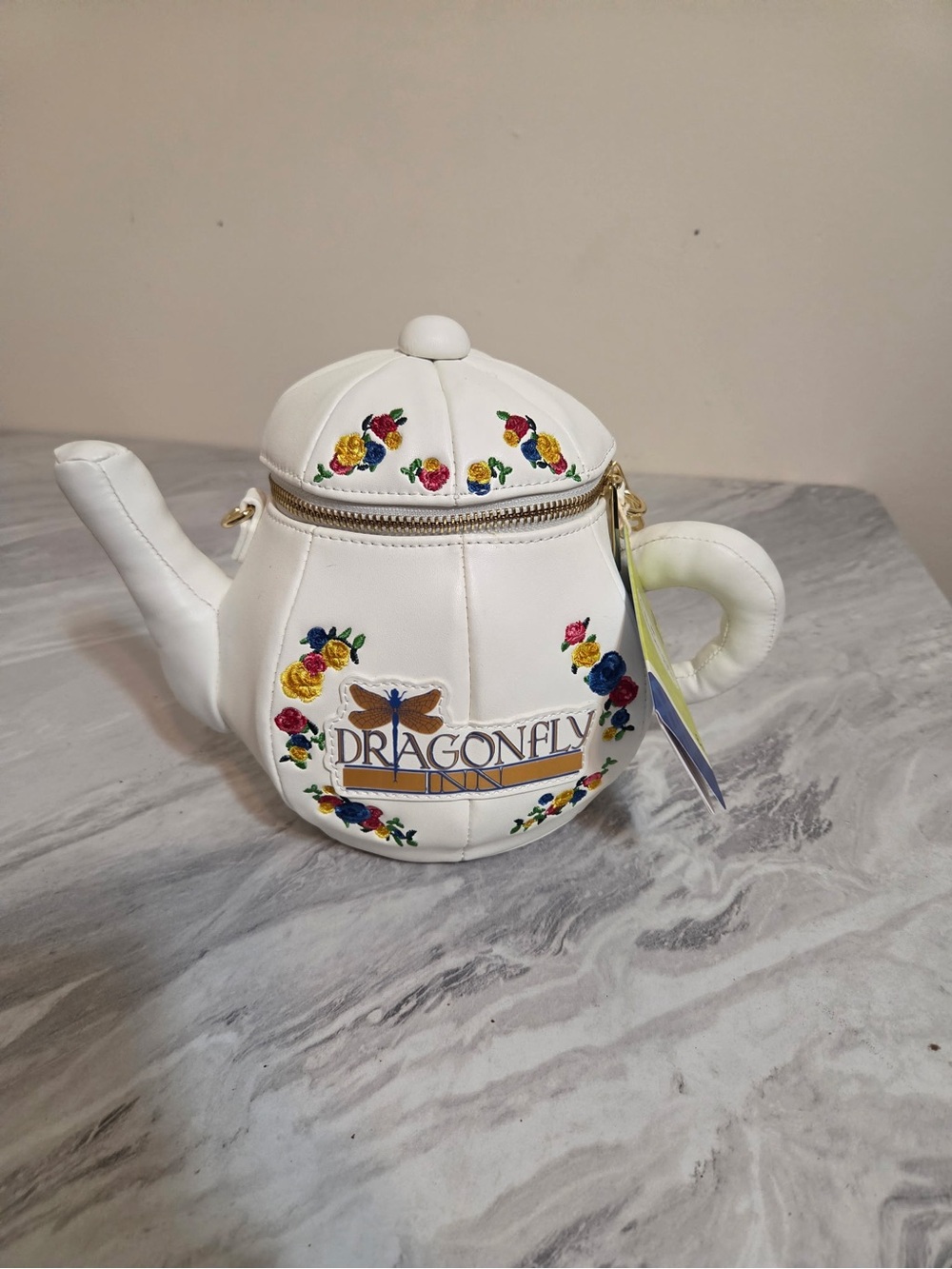 Loungefly White Dragonfly Teapot Crossbody Bag with Floral Embroidery